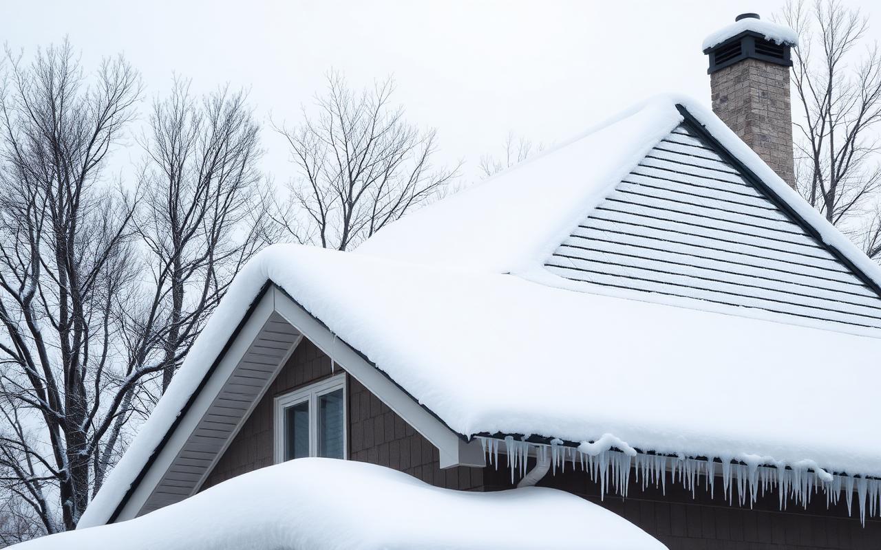 Toiture résidentielle recouverte de neige en hiver